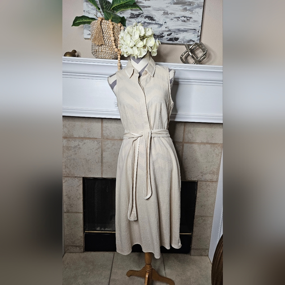 London Times Sleeveless Cream Midi Shirt Dress with Self-Tie Waist
